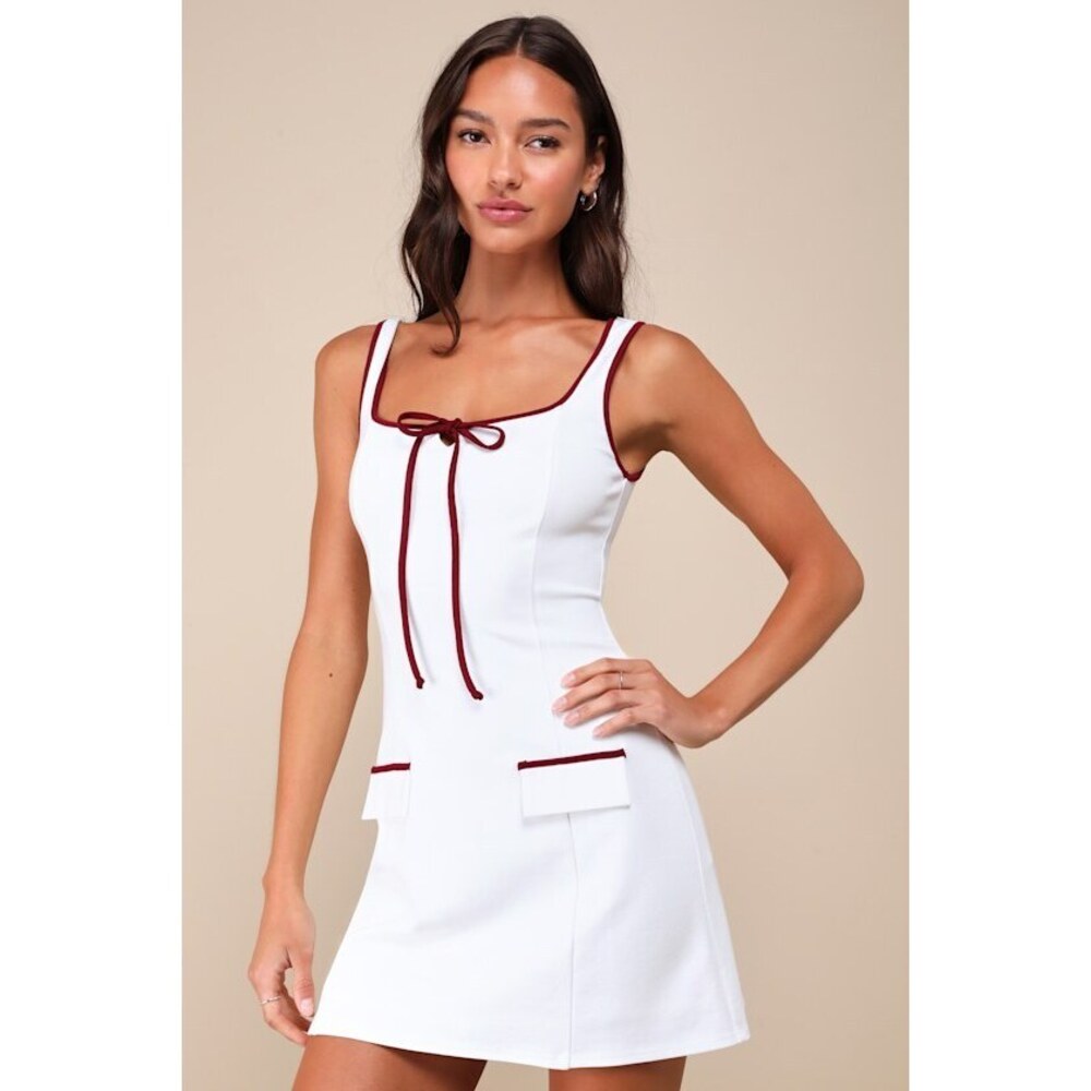 Lulus Cutest Allure Ivory Bow Square Neck Sleeveless Mini Dress White - Size XL